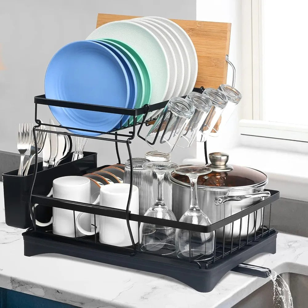Dish Drainer Rack with Drip Tray & Utensil Holder Techmanistan