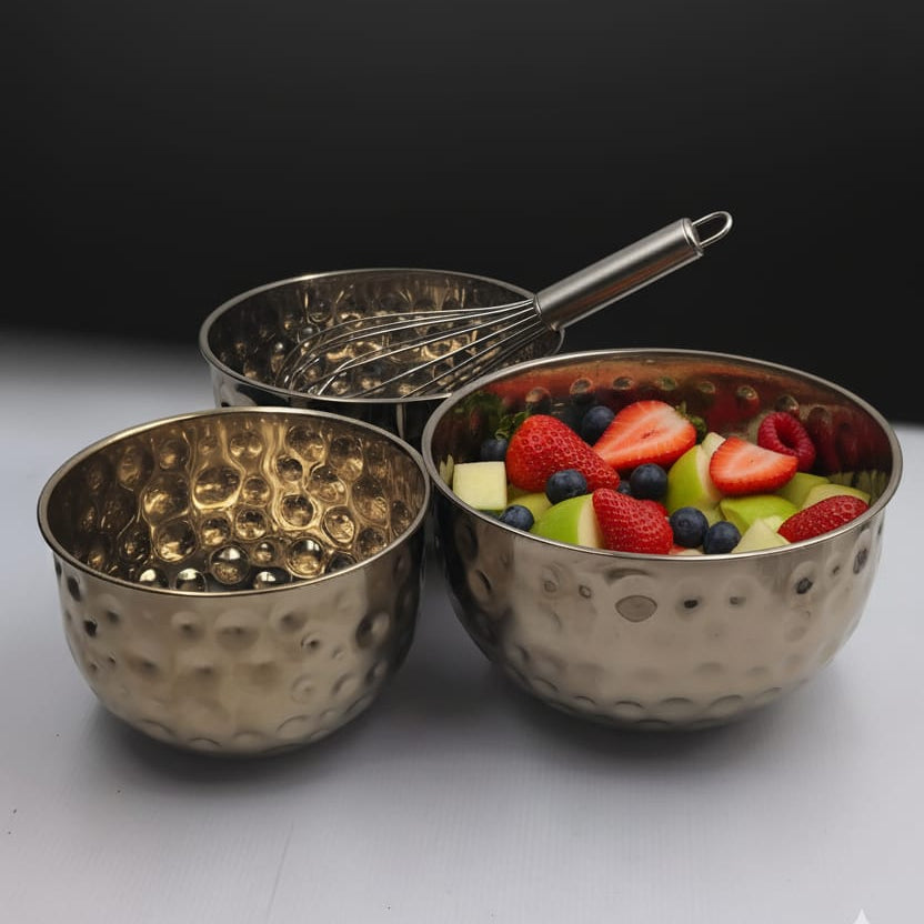 Set of 3 - Modern Stainless Steel Hammered Salad/Baking Bowl Techmanistan