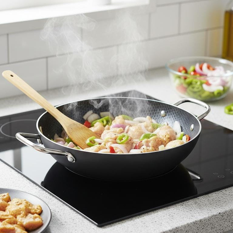Dual Handles Honeycomb Laser Coated Nonstick Wok With Lid Karahi