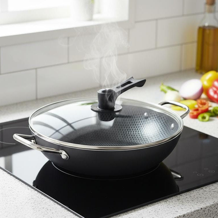 Black wok with lid on a stove in a kitchen setting