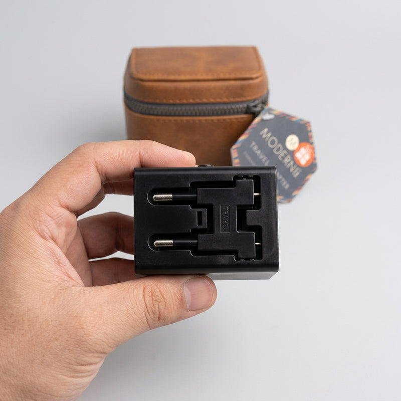 Travel Adapter with Leather Pouch, 3-Way Plugs and 2 USB Ports