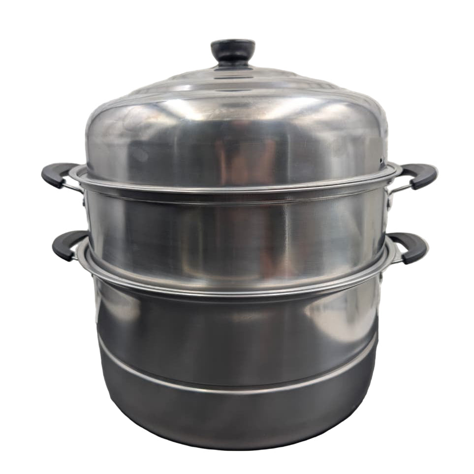 Stainless steel steamer pot on a white background