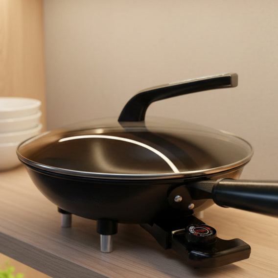 Electric frying pan with a control knob on a countertop