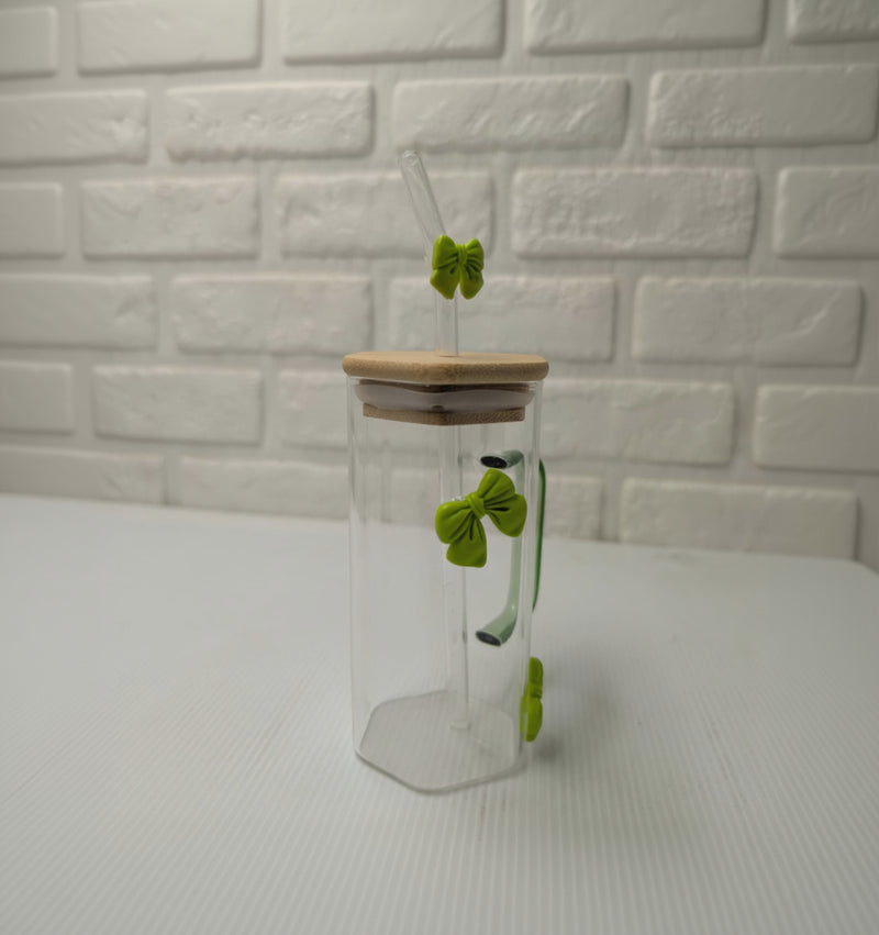 Green Bow Hexagonal Glass Tumbler with Straw
