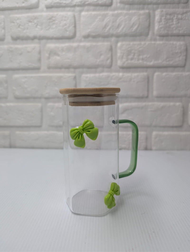 Green Bow Hexagonal Glass Tumbler with Straw