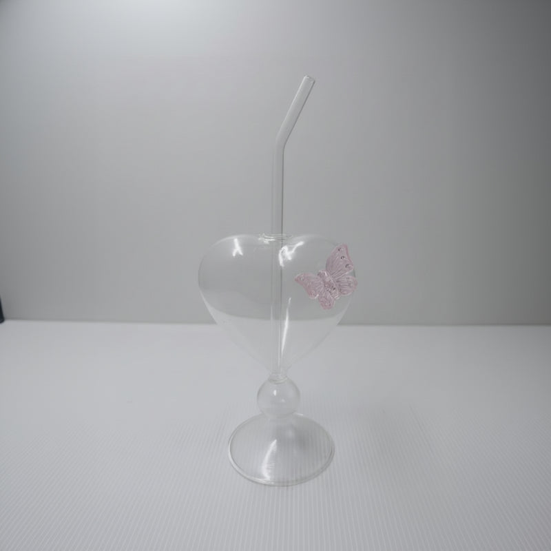 Heart Shaped Glass Butterfly Tumbler with Straw