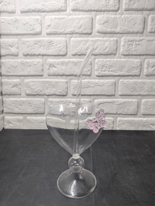 Heart Shaped Glass Butterfly Tumbler with Straw