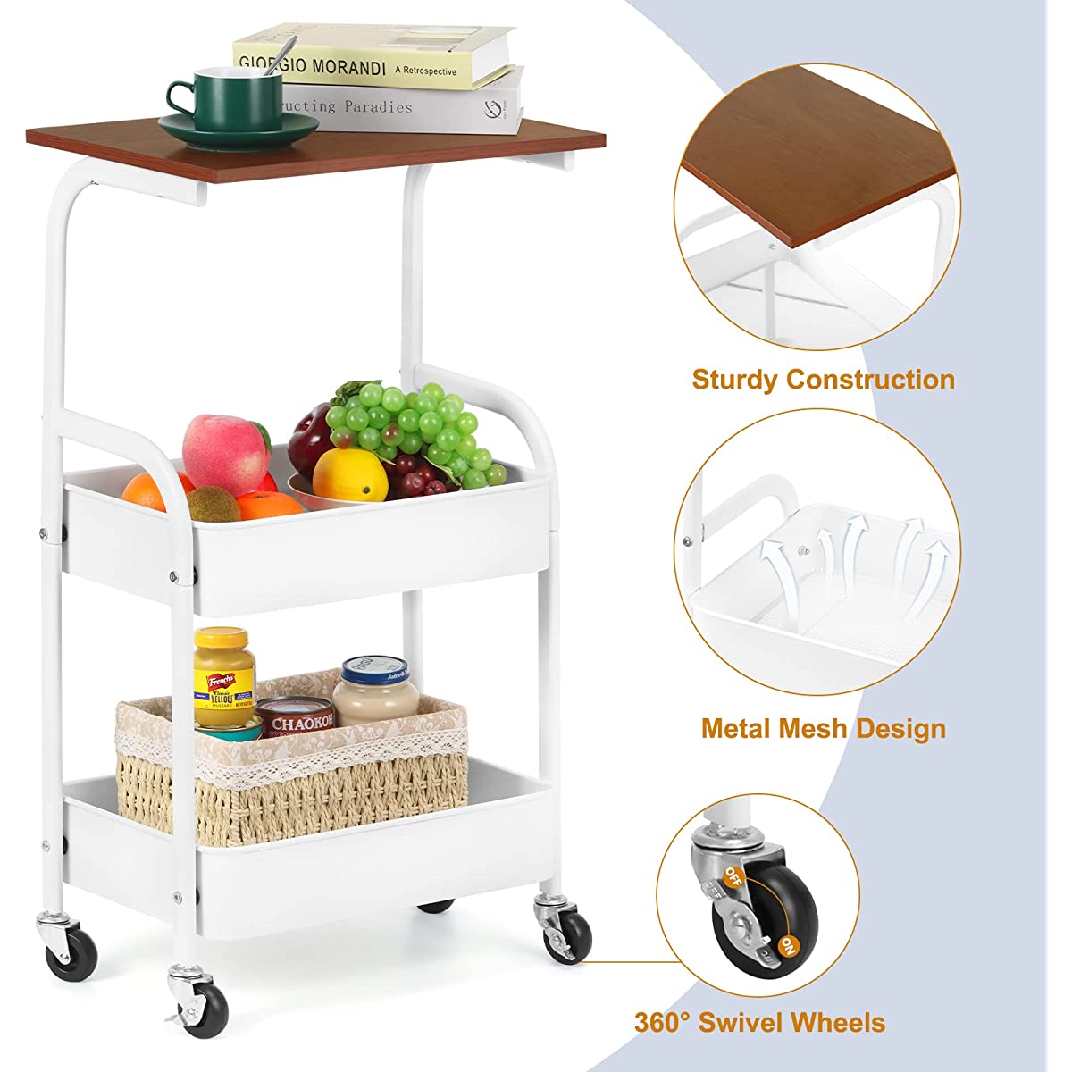 3-Tier Metal Rolling Cart with Wooden Top