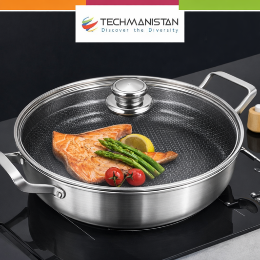 Flat Bottom Double Sided Laser Coated Honeycomb Layer Frying Pan With Lid & Dual Handle