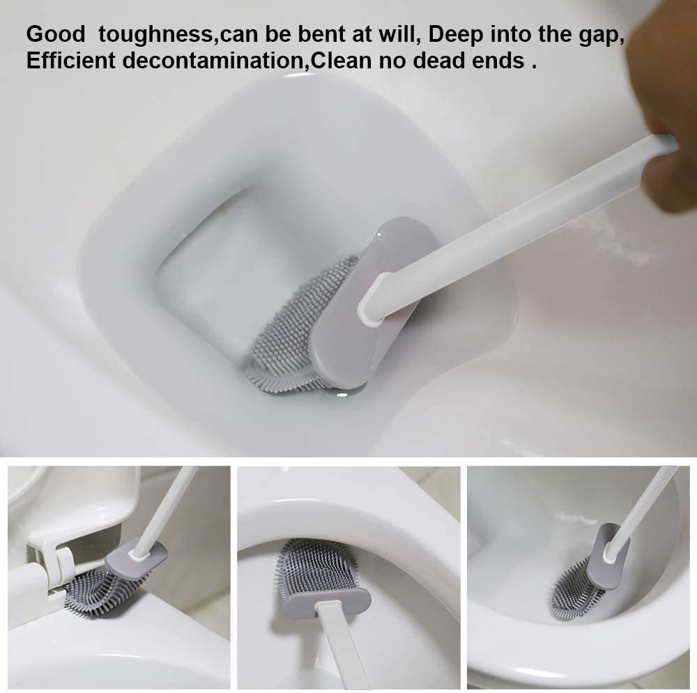 Self Adhesive Wall Mounted Flexible Long Handle Silicone Toilet Brush with Toilet Brush Holder