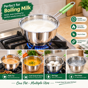 Stainless Steel Milk Pot with Heat-Resistant Green Handle