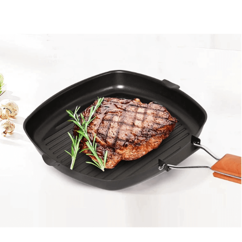 Non-Stick Square Grill Pan With Foldable Wooden Handle