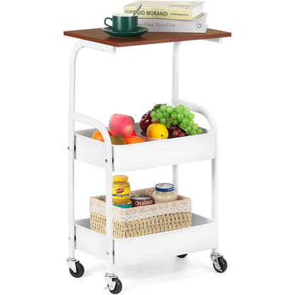 3-Tier Metal Rolling Cart with Wooden Top