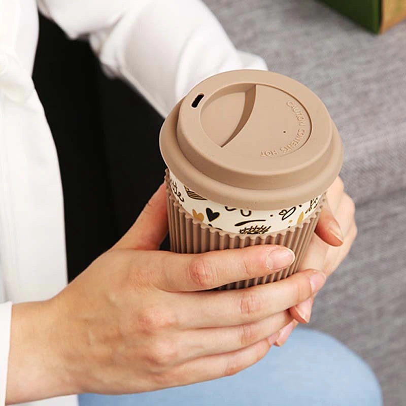 Random Design & Color - Bamboo Fiber Coffee Mug With Lid And Sleeve, Reusable Bamboo Coffee Cup, Portable Travel Mug With Lid My Store