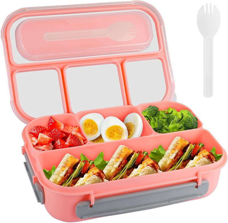 4-Compartment Kids Bento Lunch Box with Fork in pink, blue, and sea green, showcasing leakproof design and multiple compartments."