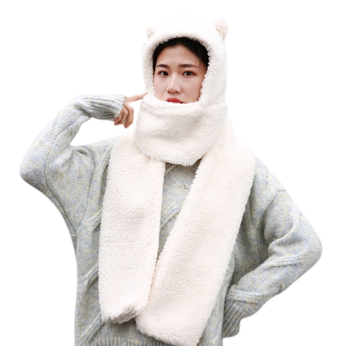 Winter Faux Fur Plush Hood Hat Scarf and Gloves Mittens Long Hooded Shawl