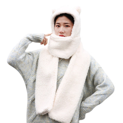 Winter Faux Fur Plush Hood Hat Scarf and Gloves Mittens Long Hooded Shawl