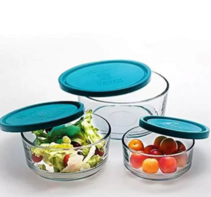 Set of 3 Blue Lid Glass Bowl