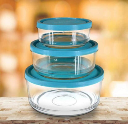 Set of 3 Blue Lid Glass Bowl