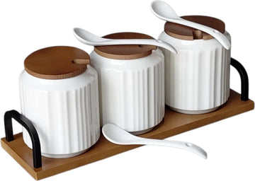 Ceramic Seasoning Jar Set with Wooden Tray