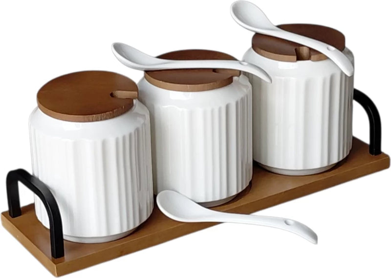 Ceramic Seasoning Jar Set with Wooden Tray