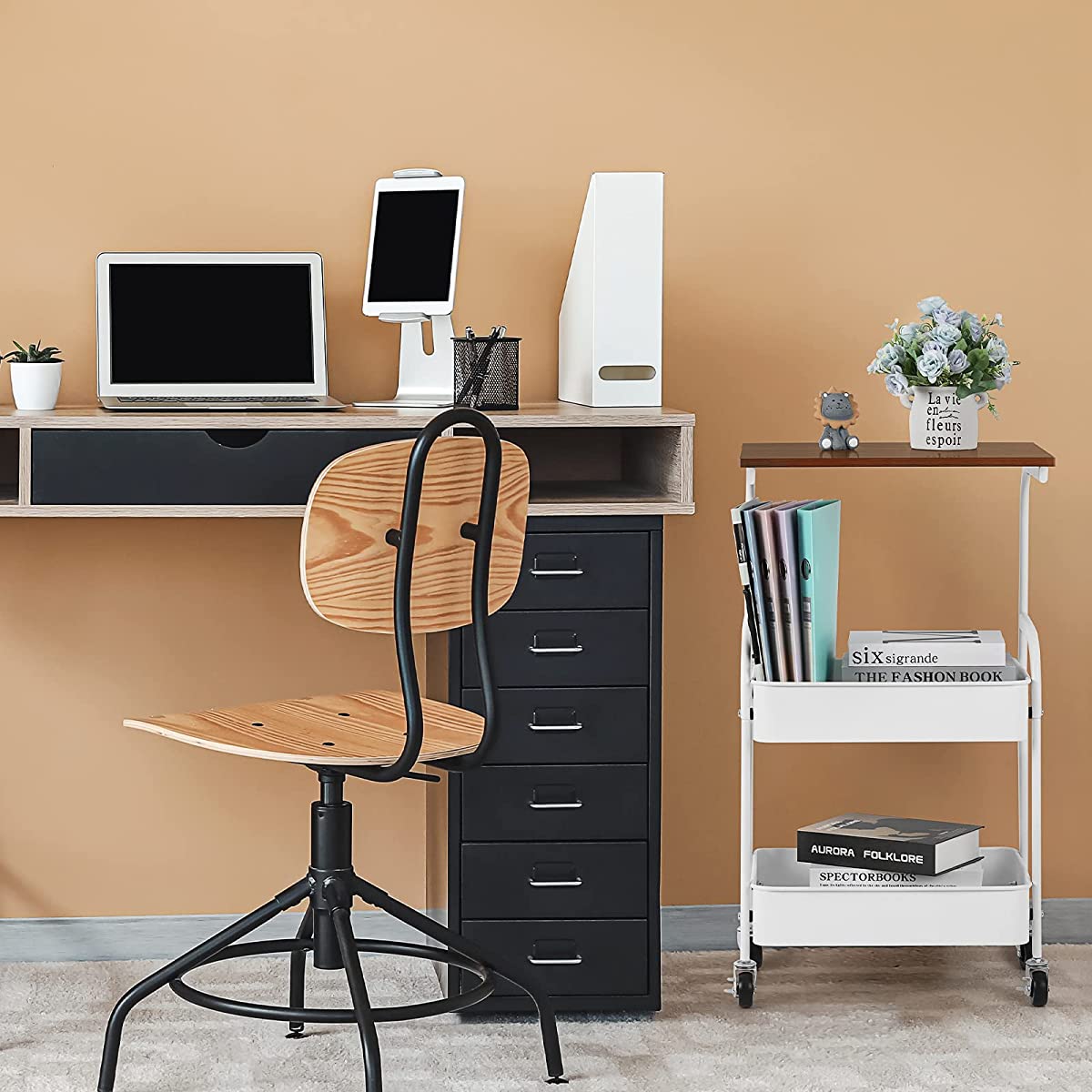 3-Tier Metal Rolling Cart with Wooden Top