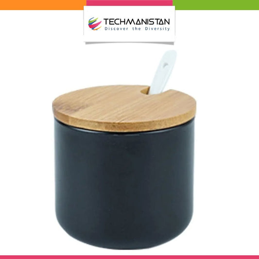 Ceramic Sugar Pot with Ceramic Spoon & Wooden Lid - Techmanistan in Pakistan