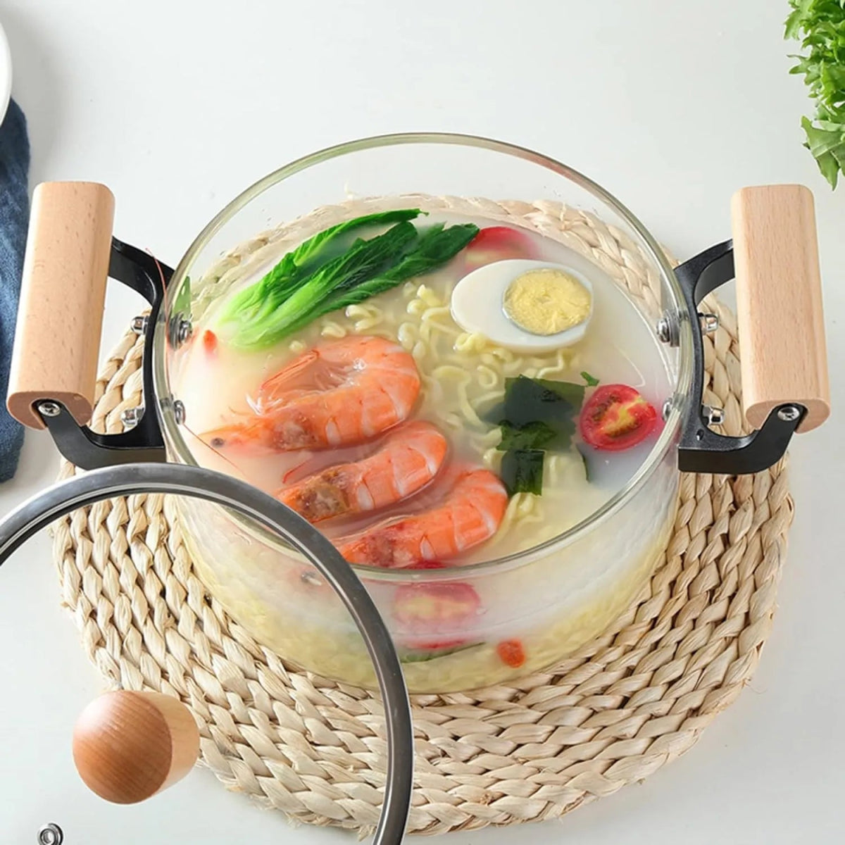 Clear Glass Pot with Stainless Steel Lid & Wooden Handle - Techmanistan in Pakistan