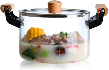 Clear Glass Pot with Stainless Steel Lid & Wooden Handle - Techmanistan in Pakistan