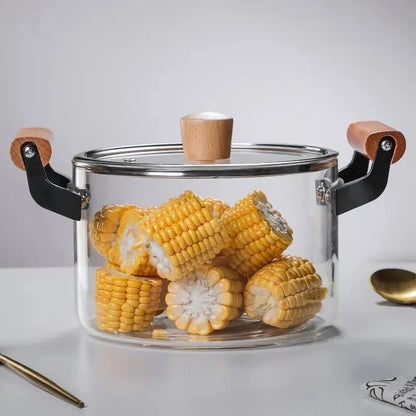 Clear Glass Pot with Stainless Steel Lid & Wooden Handle - Techmanistan in Pakistan