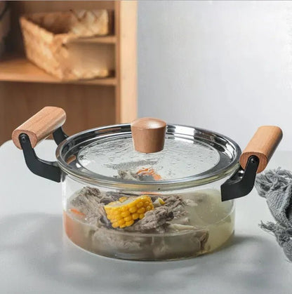 Clear Glass Pot with Stainless Steel Lid & Wooden Handle - Techmanistan in Pakistan