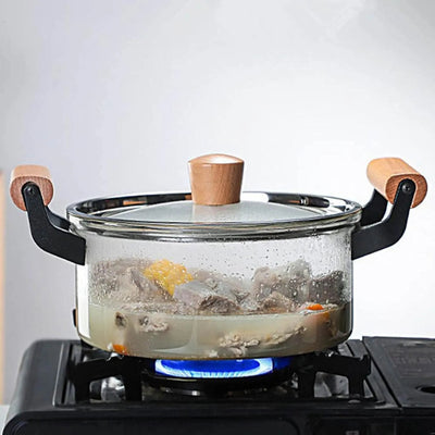 Clear Glass Pot with Stainless Steel Lid & Wooden Handle - Techmanistan in Pakistan