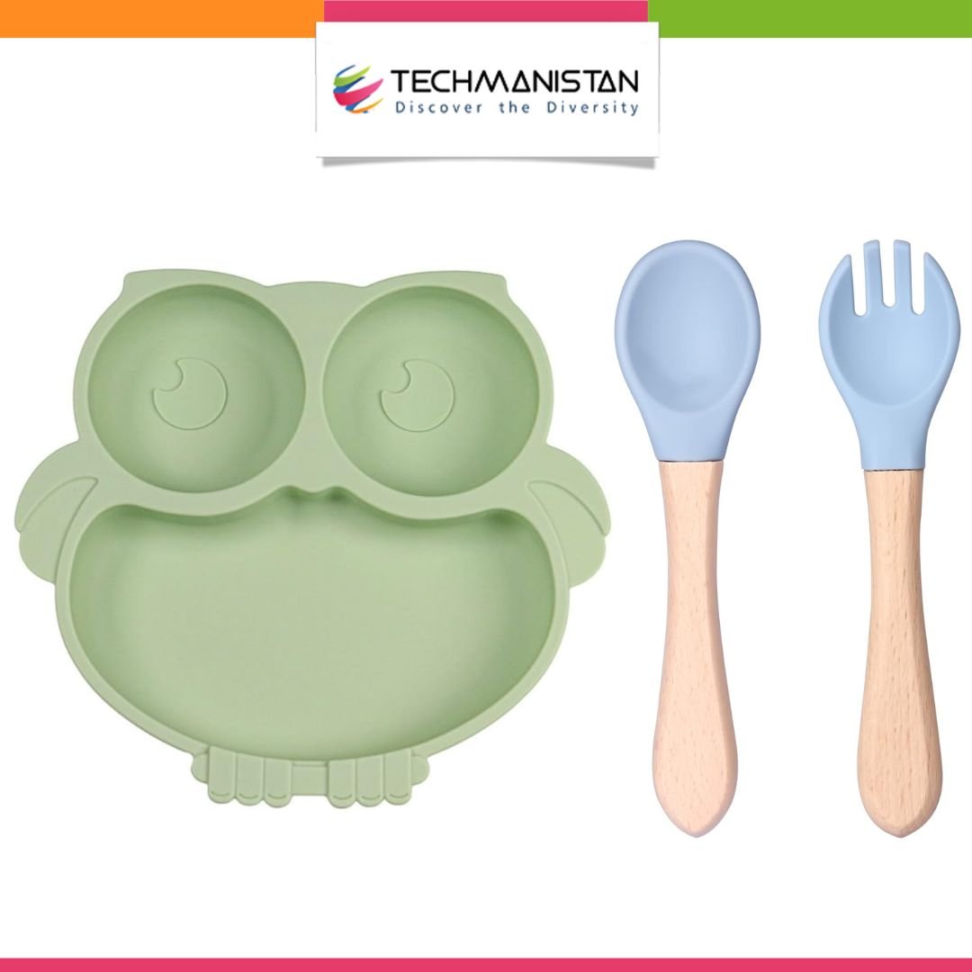 Cute Cartoon Silicone Baby Suction Plate, Fork and Spoon Set - Techmanistan in Pakistan