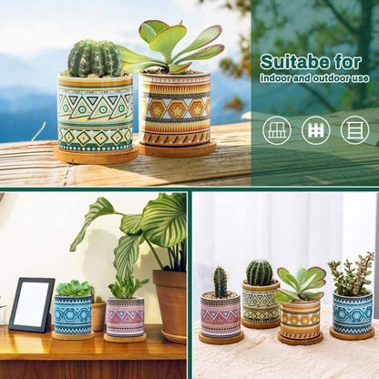 Cylindrical Mini Ceramic Succulent Planters with Bamboo Tray - Plants Pots - Techmanistan in Pakistan