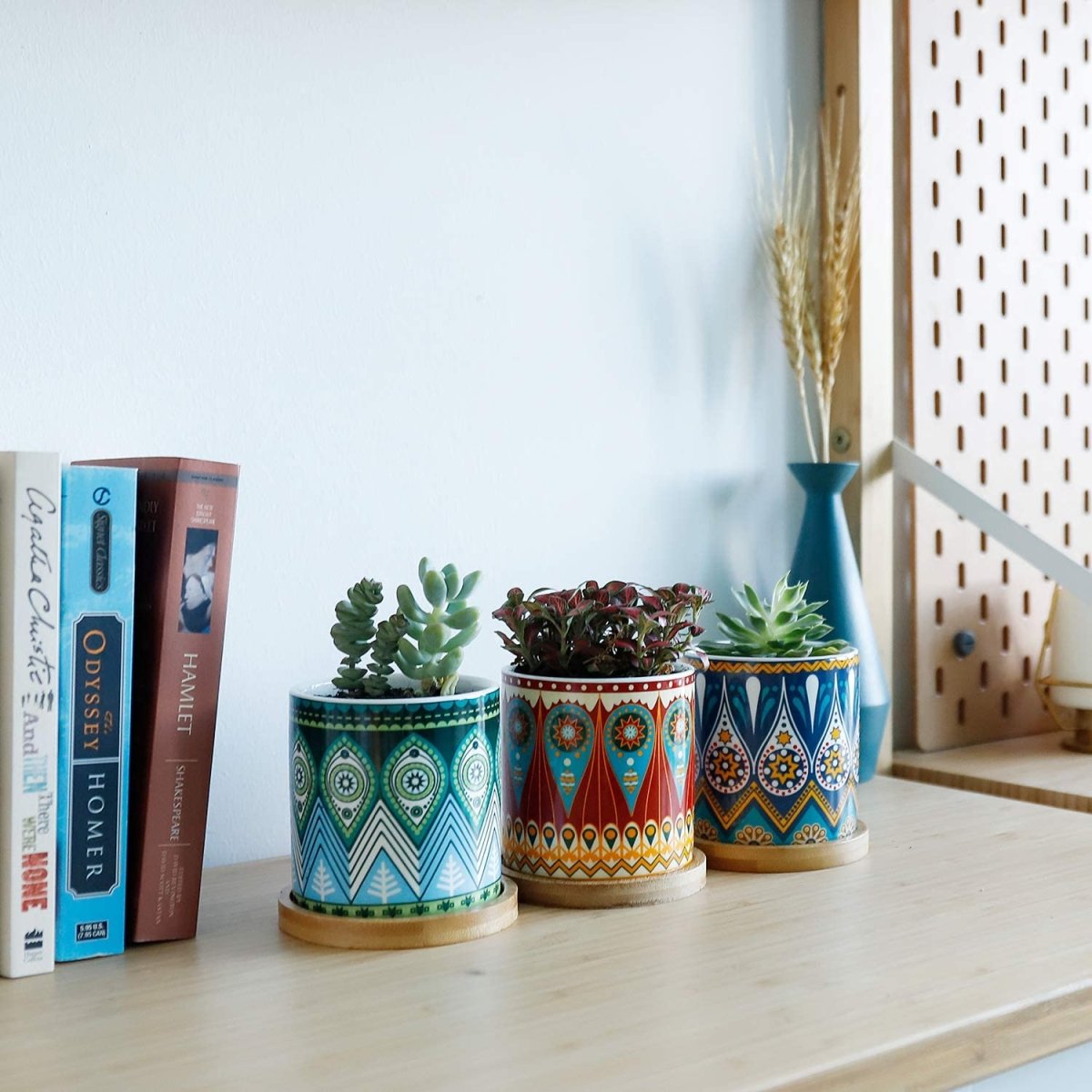 Cylindrical Mini Ceramic Succulent Planters with Bamboo Tray - Plants Pots - Techmanistan in Pakistan