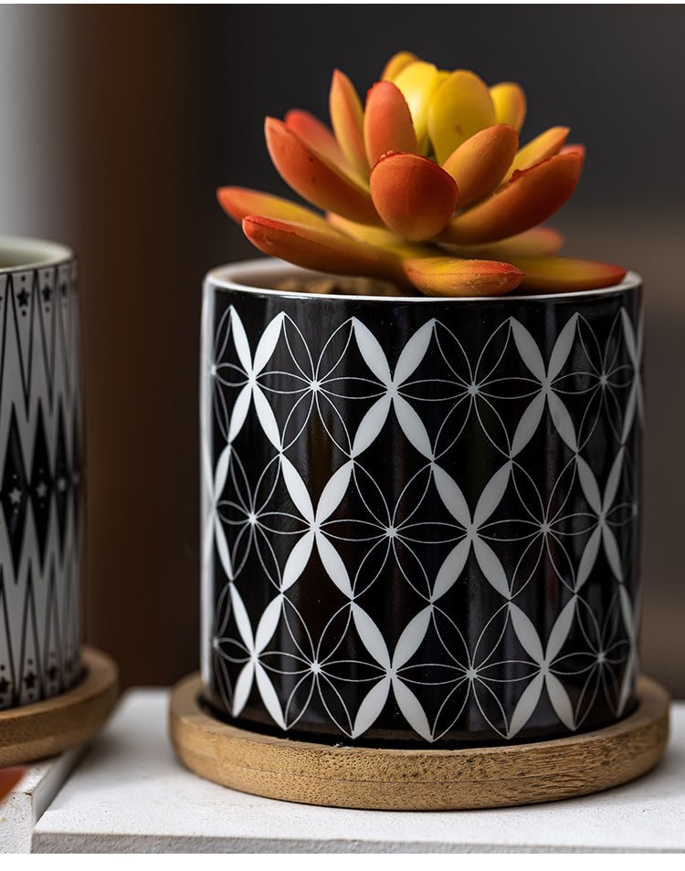 Cylindrical Mini Ceramic Succulent Planters with Bamboo Tray - Plants Pots - Techmanistan in Pakistan