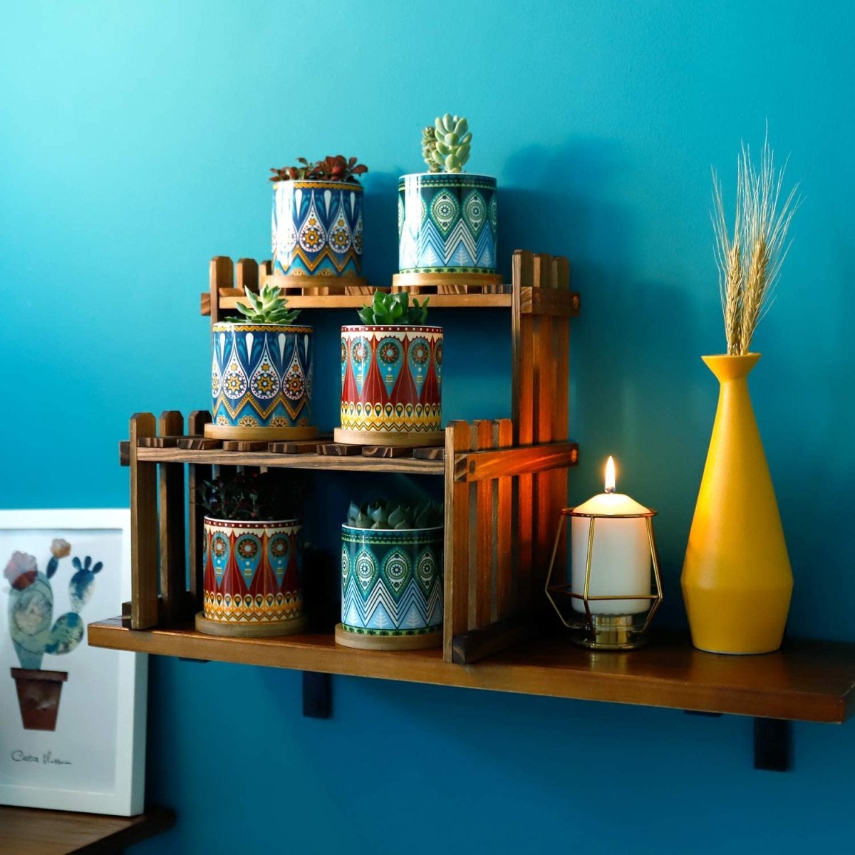 Cylindrical Mini Ceramic Succulent Planters with Bamboo Tray - Plants Pots - Techmanistan in Pakistan