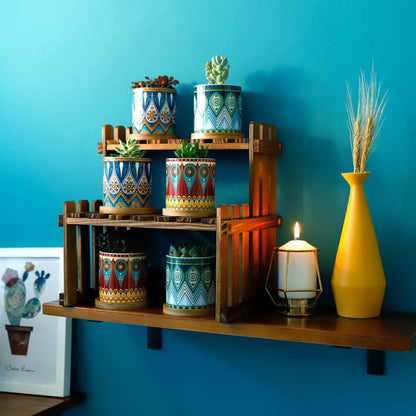 Cylindrical Mini Ceramic Succulent Planters with Bamboo Tray - Plants Pots - Techmanistan in Pakistan