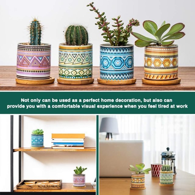 Cylindrical Mini Ceramic Succulent Planters with Bamboo Tray - Plants Pots - Techmanistan in Pakistan