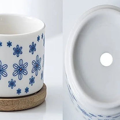 Cylindrical Mini Ceramic Succulent Planters with Bamboo Tray - Plants Pots - Techmanistan in Pakistan