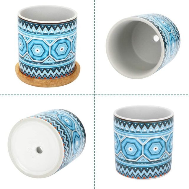 Cylindrical Mini Ceramic Succulent Planters with Bamboo Tray - Plants Pots - Techmanistan in Pakistan