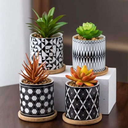 Cylindrical Mini Ceramic Succulent Planters with Bamboo Tray - Plants Pots - Techmanistan in Pakistan