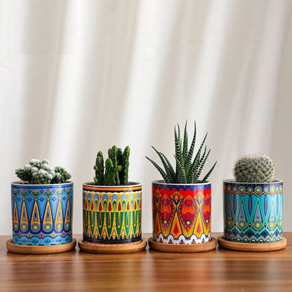 Cylindrical Mini Ceramic Succulent Planters with Bamboo Tray - Plants Pots - Techmanistan in Pakistan
