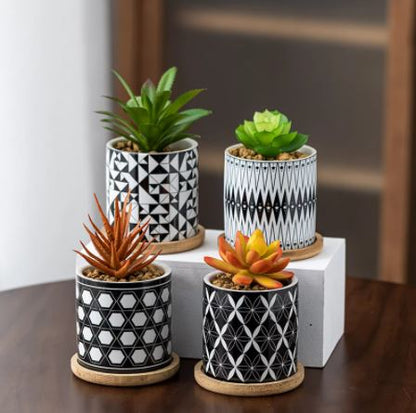 Cylindrical Mini Ceramic Succulent Planters with Bamboo Tray - Plants Pots - Techmanistan in Pakistan