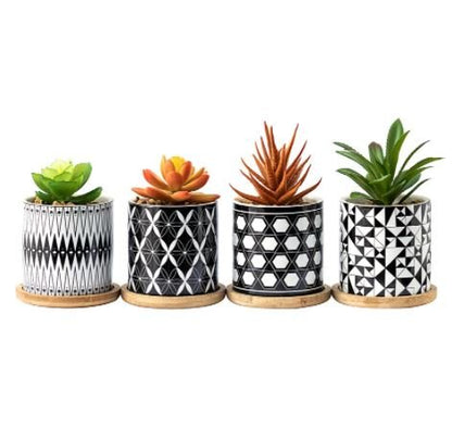 Cylindrical Mini Ceramic Succulent Planters with Bamboo Tray - Plants Pots - Techmanistan in Pakistan