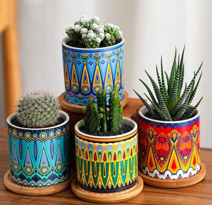 Cylindrical Mini Ceramic Succulent Planters with Bamboo Tray - Plants Pots - Techmanistan in Pakistan