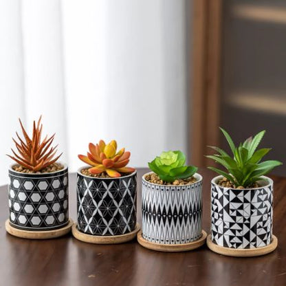 Cylindrical Mini Ceramic Succulent Planters with Bamboo Tray - Plants Pots - Techmanistan in Pakistan