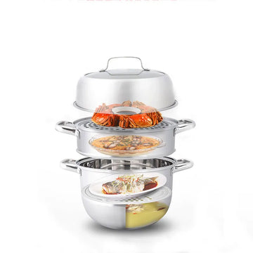 Stainless Steel Three Layers Steamer Pot With Glass Lid