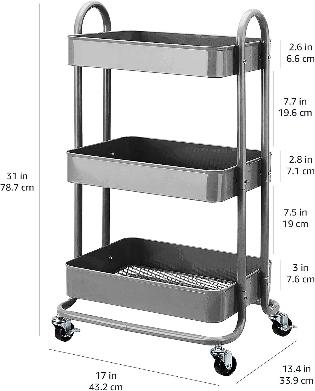 3-Tier Wheeled Mesh Base Rolling Kitchen Trolley Cart