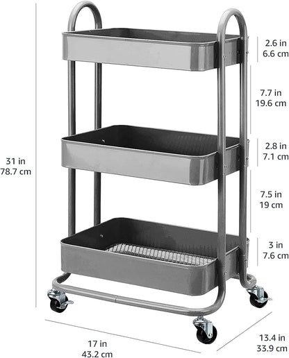 3-Tier Wheeled Mesh Base Rolling Kitchen Trolley Cart Techmanistan